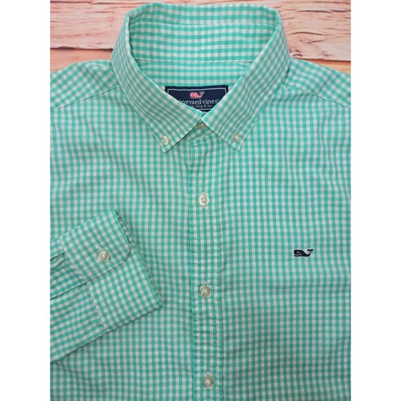 Vineyard Vines Mens Whale Shirt Medium Green Check Nylon Blend Performance - Picture 4 of 7
